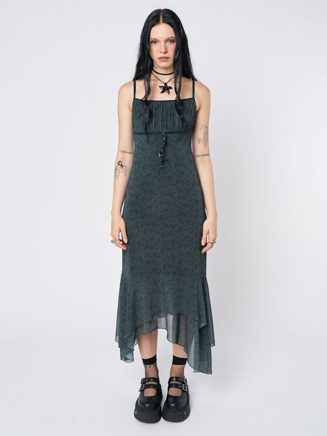 Dresses & Overalls Clothing for Women | Minga London Lettuce Hem Dress, Asymmetrical Ruffle Dress, 90’s Fancy Dress, 90s Mesh Dress, Layered Maxi Dress, Minga London, Layered Cami, Maxi Dress Outfit, Grunge Dress