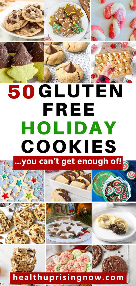 A collection of holiday cookies like the ones you'll find in this post that showcases 50 Christmas cookie recipes Recipes For Gluten Free Cookies, Gluten Free Dairy Free Christmas Cookie Recipes, Gluten Free Nut Free Christmas Cookies, Gluten Free Recipes Christmas, Christmas Gluten Free Recipes, Gf Cookies Christmas, Christmas Cookie Gluten Free, Gluten Free Christmas Treats For Kids, Gluten And Sugar Free Cookies