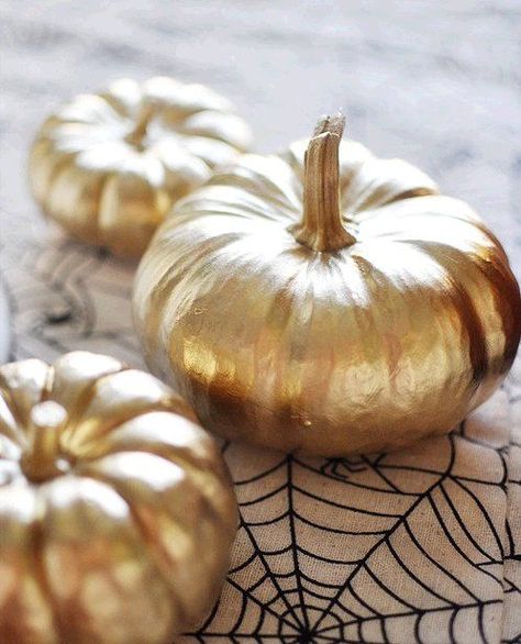 Painted + decoupaged pumpkins Glam Halloween Party, Gold Painted Pumpkins, Gold Pumpkins, Fall Decoration, Fabulous Fall, Mini Pumpkins, Halloween Inspiration, Fall Holidays, Painted Pumpkins