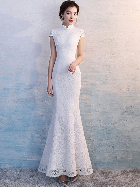 White Lace Long Qipao / Cheongsam Wedding Dress - CozyLadyWear Qipao Gown, Cheongsam Wedding Dress, Fall Fashion Outfit Ideas, Casual Fall Fashion, Cheongsam Wedding, Wedding Qipao, Wedding Cheongsam, Chinese Wedding Dress, White Lace Fabric