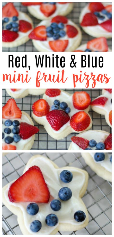 Pizza Sugar Cookies, Patriotic Fruit Pizza, Fruit Pizza Cookies, Summer Potluck Recipes, Fruit Pizzas, Mini Fruit Pizzas, Fruit Pizza Sugar Cookie, Patriotic Food, Patriotic Desserts