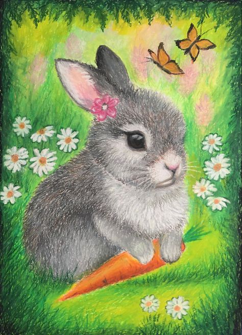 I’ve painted this picture using oil pastels. Created based my own idea. Rabbit Oil Pastel, Oil Pastel Animal Drawings, Oil Pastel Animals, Drawing Student, Summer Camp Art, Using Oil Pastels, Drawing Scenery, Drawing Competition, Pastel Artwork