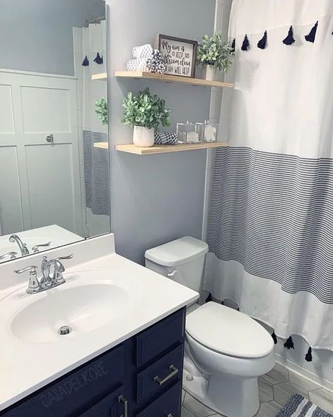 Sherwin Williams Lazy Gray, Lazy Gray Sherwin Williams, Tassel Shower Curtain, Light Blue Grey Paint, Gray Bathrooms, Gray Bathroom Walls, Grey Painted Walls, Dark Gray Bathroom, Navy Blue Bathrooms