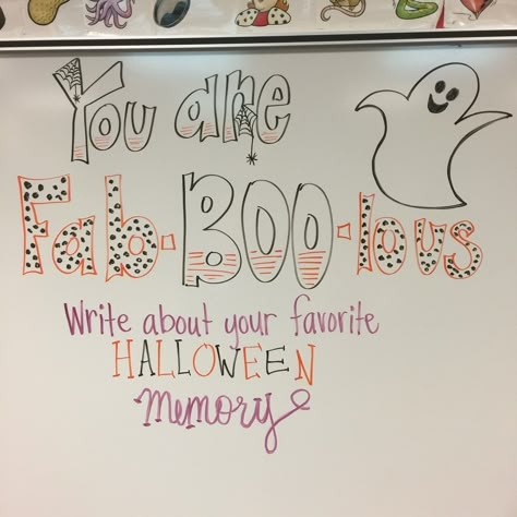 Fab-BOO-lous--white board messages                                                                                                                                                                                 More Halloween Morning Message, Halloween Whiteboard Prompt, Halloween Whiteboard Ideas, Friday Whiteboard Message, Daily White Board Ideas, White Board Questions, Things To Write On A White Board, Summer White Board Ideas, White Board Messages