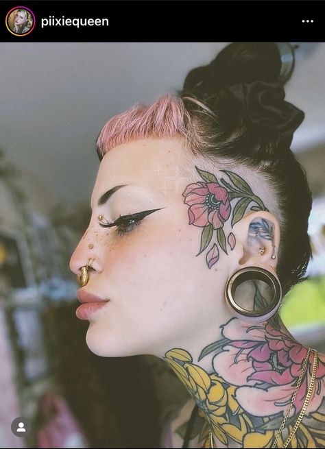 Women’s Sideburn Tattoo, Top Of Head Tattoo, Head Tattoos Women, Gauged Septum, Side Of Head Tattoo, Hairline Tattoo, Forehead Tattoo, Double Nostril Piercing, Hairline Tattoos