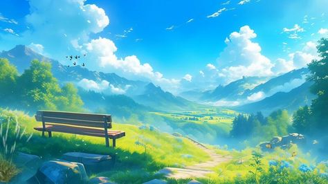 Anime landscape with a field and clouds Anime Landscape, Tree Saw, Cityscape Photos, Logo Banners, Nature Backgrounds, Marketing Design, Custom Illustration, Background Banner, Ipad Wallpaper