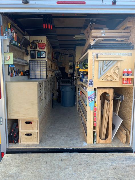 LFH Smart Remodel Trailer In Use - Lake Forest Handyman Trailer Tool Organization, Work Trailer Organization, Van Shelving Ideas, Tool Trailer Ideas, Trailer Organization Ideas, Enclosed Utility Trailers, Workshop Trailer, Trailer Shelving, Enclosed Trailer Ideas