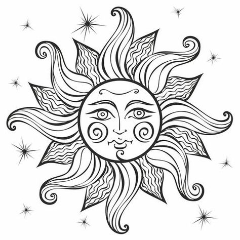 Sun. Vintage style. Astrology. Ethnic. Pagan. Boho Style. Coloring. Vector. Sun Coloring Pages, Sun Vintage, Sun Tattoo Designs, Moon Coloring Pages, Boho Styl, Adult Coloring Book Pages, Sun Art, Cool Coloring Pages, Mandala Coloring Pages