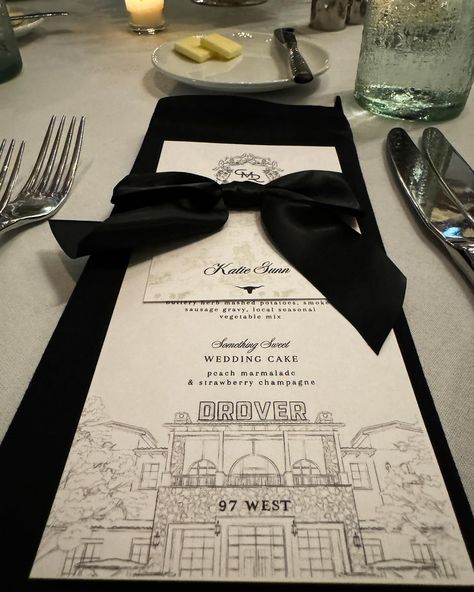 When your venue drawing makes the menu at a black tie wedding😍🤭 So many fun projects for this gorgeous, classy, western wedding at Hotel Drover 🤍 Congratulations Mr. & Mrs. Rosenbaum! Truly such a beautiful night for a beautiful couple! From designing the invitations to drawing a custom watercolor as gift to the mother of the Groom - I have loved every moment of creating these details for your special day ✨ Black Tie Wedding Mood Board, Black Tie Garden Wedding, Classy Western Wedding, Invite Design, Black Tie Gala, Future Wedding Plans, Beautiful Night, Black Tie Wedding, Gucci Gucci