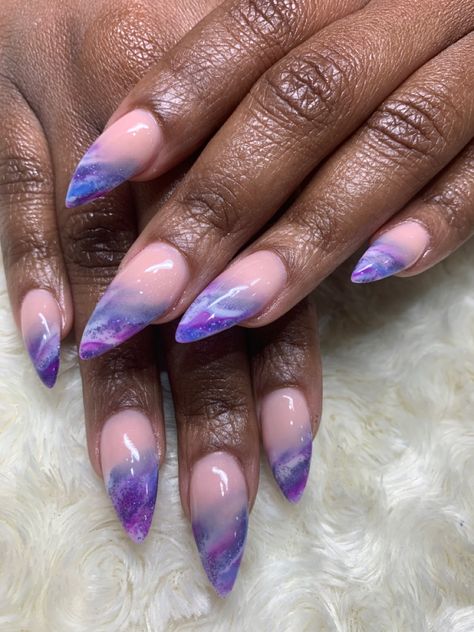 Galaxy Marble Nails, Galaxy Inspired Nails, Purple Marble Nails, Lightning Nails, Black And Purple Nails, Cosmic Nails, Almond Nail Art, Purple Lightning, Diamond Nail Art