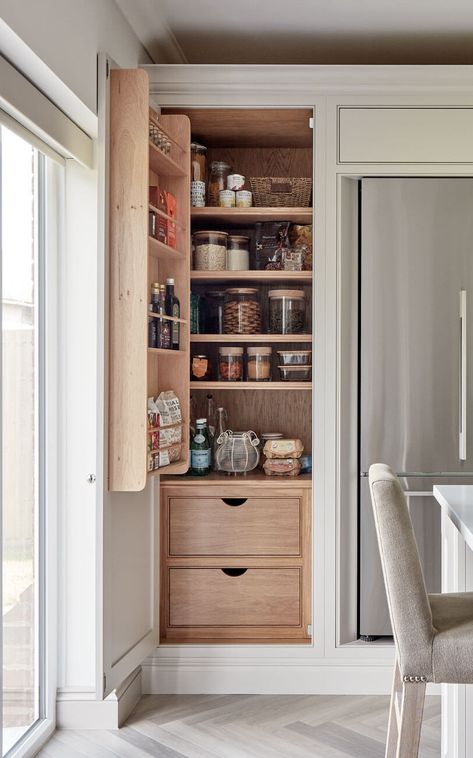 Classic Pantry Design, Narrow Kitchen Cabinets, Modern Family Kitchen, Tom Howley Kitchens, Pantry Goals, Kitchen Larder Cupboard, Tiny Pantry, Tom Howley, Kitchen Larder