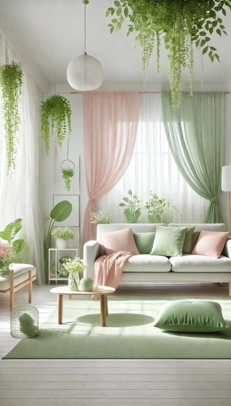 Green White Pink Bedroom, Different Color Sofas In Living Room, Army Green Living Room, Pink And Green Curtains, Pink And Green Apartment, Pink Room Interior, Pink And Green Living Room, Pink And Green Room, Pastel Living Room