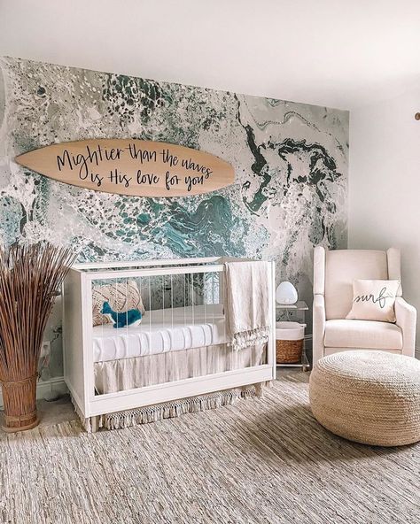 PEYTON BAXTER on Instagram: “Mightier than the waves is His love for you, sweet boy 🙌🏼🌊 I pray he cl Ocean Themed Nursery, Boy Nursery Themes, Beach Nursery, Baby Nursery Inspiration, Baby Boy Nursery Themes, Nursery Room Design, Baby Room Inspiration, Baby Boy Room Nursery, Nursery Room Inspiration