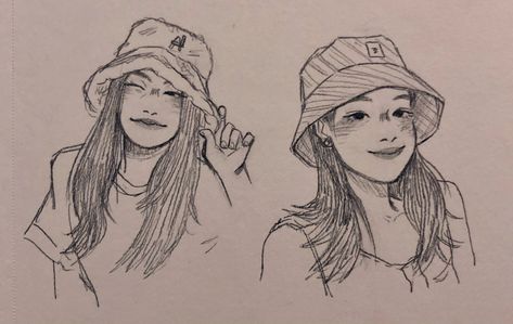 Hat Sketch Reference, How To Draw A Bucket Hat, Bucket Hat Drawing Reference, Bucket Hat Reference, Hats Drawing Reference, Hat Sketches Design, Bucket Hat Sketch, Holding Hat Pose Drawing, How To Draw A Hat