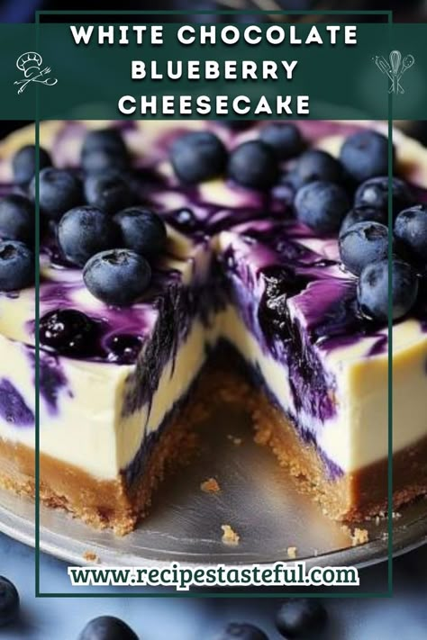 This White Chocolate Blueberry Cheesecake is a delightful combination of creamy white chocolate and tangy blueberry puree, set on a buttery graham cracker crust. The marbled effect makes it as beautiful to look at as it is to eat, perfect for special occasions or a luxurious dessert at home! White Chocolate Blueberry Cheesecake, Chocolate Blueberry Cheesecake, Bluberry Muffins, White Chocolate Cheesecake Recipes, Blueberry Puree, Blueberry Cheesecake Recipe, No Bake Blueberry Cheesecake, Chocolate Blueberry, Blueberry Chocolate