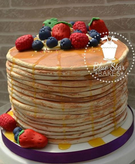 Fondant Fruit, Birthday Cake With Fondant, Syrup Pancakes, Birthday Cake Fondant, Birthday Pancakes, Crumb Cakes, Strawberries And Blueberries, Pancake Cake, Cake With Fondant