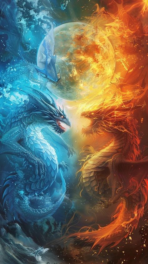 Fire dragon surrounded by flames, ice dragon surrounded by frost, warm colors for fire, cool colors for ice, dragons in dynamic poses, sun and moon in the background, Earth between them, style of a novel cover Fire And Ice Dragons, Frost Dragon, Fantasy Dragon Art, Earth Dragon, Dragon Lady, Dragon Wallpaper, Fire Cover, Dragon Wallpaper Iphone, Novel Cover