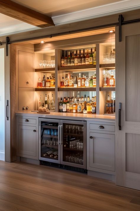 85 Creative DIY Bar Shelf Ideas You'll Love (2024) Diy At Home Bar Ideas, Service Bar Design, Living Room Bar Cabinet Built Ins, Hidden Home Bar Ideas, Built In Dry Bar Ideas, Liquor Closet Ideas, Dry Bar In Basement, Bar Rooms In House Ideas, Bar Wall Cabinet Ideas