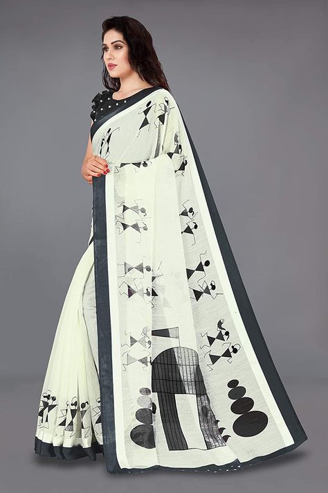 Warli Print Saree, Warli Embroidery, Warli Print, Print Blouse Design, Cotton Sarees Online Shopping, Saree Borders, Elegant Sarees, Saree Painting Designs, Fabric Paint Diy