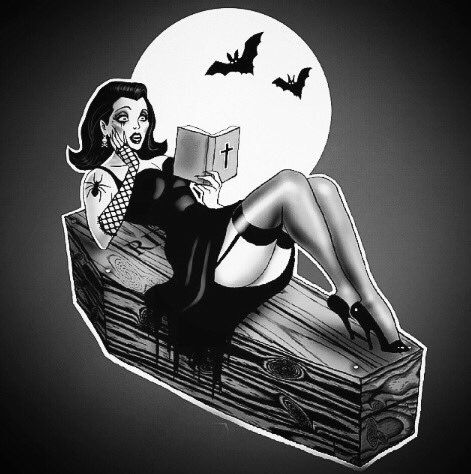 ~Goth Reading Under The Moon ~ Zombie Pin Up, Halloween Pin Up, Zombie Girl, Psychobilly, Vintage Horror, Pin Up Art, Creepy Cute, Gothic Art, Halloween Horror