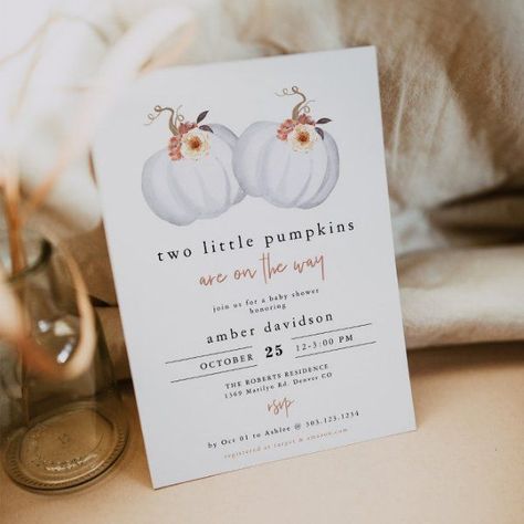 Twin Baby Shower Ideas Fall, Two Little Pumpkins Baby Shower Ideas, Fall Twin Baby Shower Ideas, Twin Baby Shower Invitations, Pumpkin Baby Shower Invitations, Twin Baby Shower Theme, Layout Edit, Thanksgiving Baby Shower, Fall Baby Shower Themes