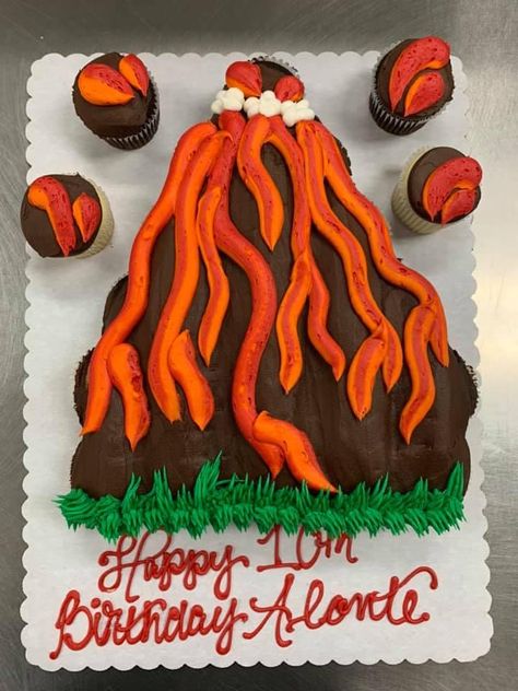 Volcano Cupcake Cake, Lava Birthday Cake, Lava Birthday Party, Floor Is Lava Birthday Party, Volcano Cupcakes, Fire Cupcakes, Science Birthday Party Ideas, Volcano Cake, Vegan Cheese Recipes