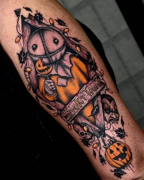 Trick Or Treat Tattoo Ideas, Halloween 3 Tattoo, Trick R Treat Sam Nails, Scary Halloween Tattoos, Trick R Treat Nails, Horror Movie Sleeve Tattoo, Horror Movies Tattoos, Sam Trick R Treat Tattoo, Trick Or Treat Tattoo