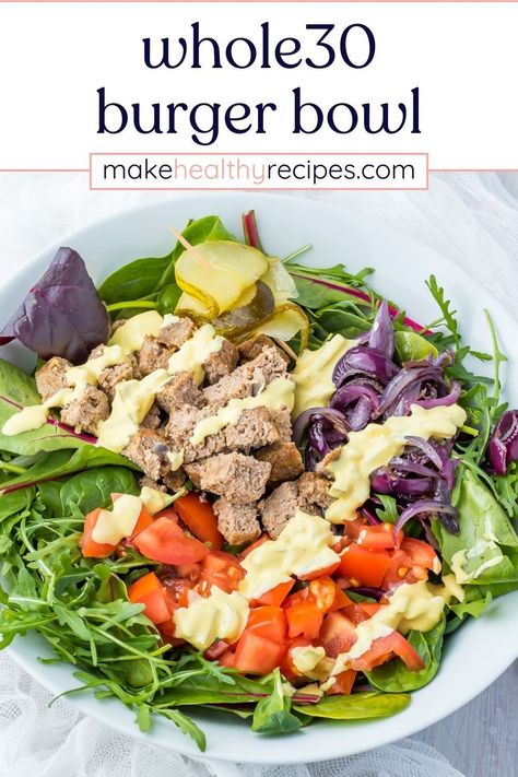 Kickstart your Whole30 journey with this simple and scrumptious burger bowl recipe! This clean eating burger is packed with flavor, using a homemade sauce that's irresistibly tangy and just the right touch of sweetness, perfectly complementing the seasoned ground beef. Ideal for a no-fuss meal prep or a quick weeknight dinner that keeps your diet on point. Burger Bowls Recipe, Whole30 Burger, Burger In A Bowl, Protein Burger, Homemade Big Mac Sauce, Eating Burger, Burger Bowls, Burger Bowl, Homemade Big Mac