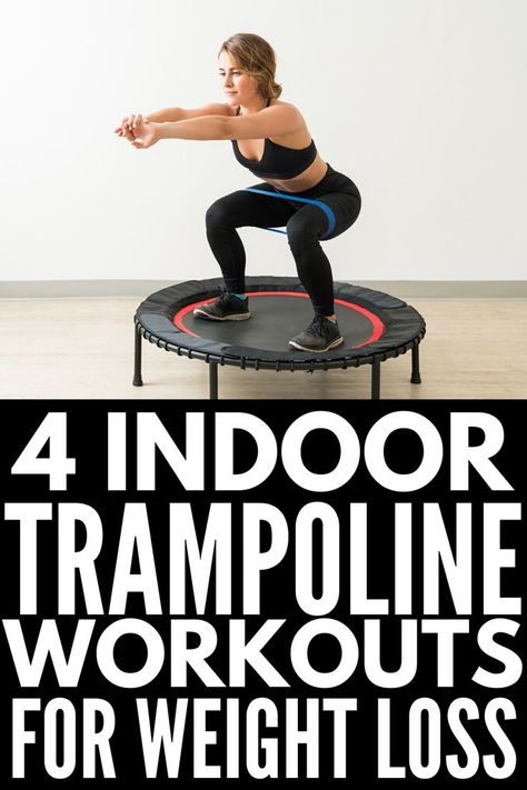 10 Trampoline Workouts For Weight Loss | Whether you have a mini indoor trampoline in your basement or a big full size trampoline in your backyard, there are tons of ways you can use it to lose weight. Jumping is such a great form of exercise, and we're excited to share our favorite trampoline exercise tips and routine ideas for beginners and beyond! The benefits of having a trampoline aren't just for kids - the offer a great way for adults to squeeze HIIT and cardio in at home too! Indoor Trampoline Workout, Exercise Trampoline Workout, Mini Trampoline Workout For Beginners, Trampoline Exercises Workouts, Rebounder Workouts Beginner, Trampoline Workout For Beginners, Mini Trampoline Exercises, Rebounding Trampoline, Jumping Fitness Trampoline