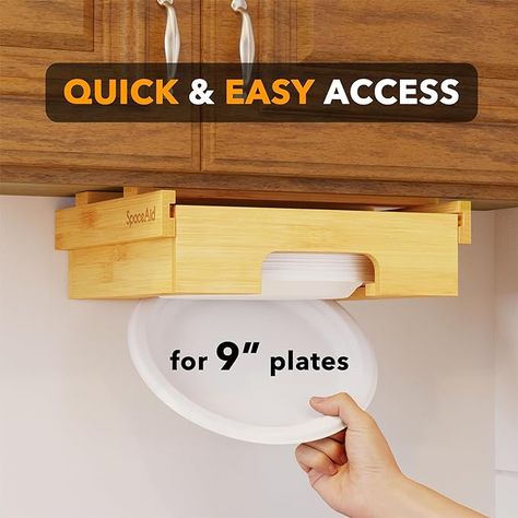 ORGANIZED AND BEAUTIFUL - Make your 9 inch paper plates neat and organized with bamboo paper plate dispenser; The under cabinet organizer is designed for your paper vertical plates holders organization; SIZE: 10.2"L x 11.3"W x 3.9"H Plate Organizer, Paper Plate Holders, Solid Wood Kitchens, Plate Storage, Bamboo Plates, Solid Wood Cabinets, Kitchen Upgrades, Plate Holder, Paper Towel Holder