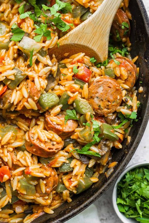 One-Pan Orzo and Chicken Sausage - Fit Foodie Finds Rice Chicken Sausage Recipe, Orzo Pasta Dinner Recipes, Chicken Sausage Risotto, Dinners With Orzo, Orzo And Chicken Sausage Recipes, What To Do With Chicken Sausage, Creamy Chicken Sausage Orzo Skillet, One Pot Italian Sausage Orzo, Recipes With Ground Chicken Sausage