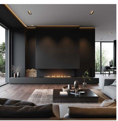 Black Fireplace Wall, Minimalistic Interior, Masculine Decor, Interior Contemporary, Loft Interior, Black Interior Design, Black Living Room, New Interior Design, Dark Interiors