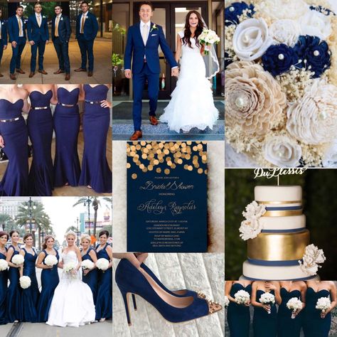 Wedding Colors Navy And Gold, Gold Inspo, Blue And Gold Wedding, Navy Blue And Gold Wedding, Wedding Theme Color Schemes, Blue Gold Wedding, Royal Blue Bridesmaid Dresses, Gold Wedding Theme, Royal Blue Wedding