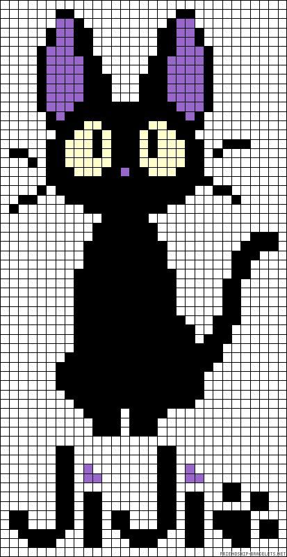 Jiji cat - Kiki's Delivery Service perler bead pattern Jiji Perler Bead Pattern, Perler Bead Patterns Cartoons, Black Cat Perler Bead Patterns, Kiki's Delivery Service Pixel Art, Jiji Pixel Art, Pixel Art Ghibli, Pixel Black Cat, Studio Ghibli Cross Stitch, Studio Ghibli Pixel Art