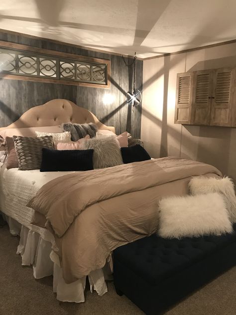 Master bedroom in single wide mobile home Mobile Home Bedroom, Trailer Remodel Single Wide, Single Wide Mobile Home, Single Wide Remodel, Mobile Home Bathrooms, Mobile Home Kitchens, Ikea 2015, Mobile Home Floor Plans, Home Bedroom Design