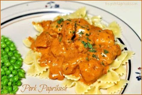 Pork Paprikash is a classic Hungarian pork dish in a flavorful sauce, served over bow-tie pasta or egg noodles, and on the dinner table in under half an hour! / The Grateful Girl Cooks! Pork With Egg Noodles, Pork Chop Egg Noodles, Pork And Noodles Recipes, Pork And Noodle Recipes, Pork Paprikash Recipe, Pork Paprikash, Bohemian Recipes, Pork Stew Meat Recipes, Pork Stroganoff Recipe