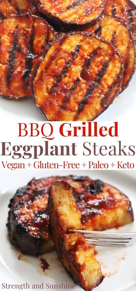 BBQ Grilled Eggplant (Gluten-Free, Vegan, Keto, Paleo) | Strength and Sunshine | BBQ Grilled Eggplant Slices | Strength and Sunshine | These BBQ Grilled Eggplant Steaks are meaty, tender, and full of flavor! This recipe is vegan, gluten-free, keto, and paleo! Thick tender slices of eggplant coated with a smokey dry rub, perfectly charred and glazed with your favorite BBQ sauce! Serve as a great vegetarian entree for summer barbecues or a quick & easy vegetable side dish! Eggplant Barbecue Recipes, Bbq Eggplant Recipes, Grilling Eggplant Recipes, Grill Eggplant Recipes, Eggplant Steaks Vegan, Meatless Grilling Ideas, Vegan Bbq Recipes Grill, Grilled Eggplant Recipes Easy, Eggplant Steaks Recipes