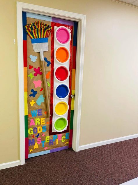 Activity Room Door Decoration Ideas, We Are Gods Masterpiece Craft, Art Door Decorations, Art Teacher Appreciation Door, Gods Masterpiece Vbs, Gods Masterpiece Craft, Cool Door Painting, Art Classroom Door, Art Classroom Rules