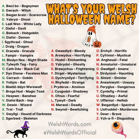 Share your Welsh Halloween name in the comments - let's Spell it out together! 🪄💜 #WelshWords #CalanGaeaf #WelshHalloween #LearnWelsh #Cymraeg #HalloweenInWales #Spooky #WelshLanguage #Bilingual #SpookySeason #WelshCulture #WelshTraditions #LanguageLearning #WelshLearner #PumpkinCarving #CelticHalloween #HalloweenFun #SeasonOfSpooks #TeacherIdeas #LessonIdeas #OctoberVibes #Cymru #GhostInWelsh #LanguageLove #Ysbryd #Autumn #SpookyPumpkin #CymraegLearner #HalloweenTraditions #Halloween2024 Welsh Witchcraft, Learn Welsh, Welsh Words, Welsh Language, Halloween Names, Faceless Men, Halloween Traditions, Spooky Pumpkin, Love Phrases