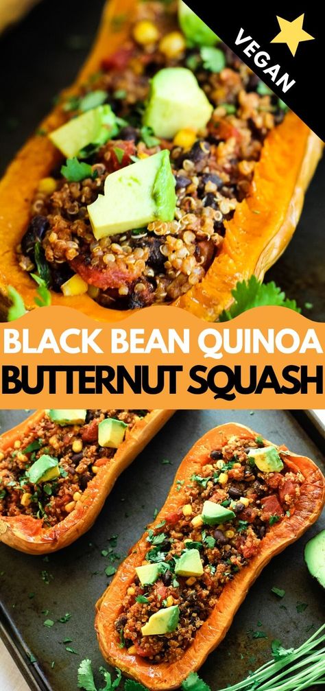 Black Beans Quinoa, Black Beans And Quinoa, Butternut Squash Recipes Healthy, Beans And Quinoa, Butternut Squash Vegan, Stuffed Butternut Squash, Stuffed Butternut, Squash Boats, Butternut Squash Recipes