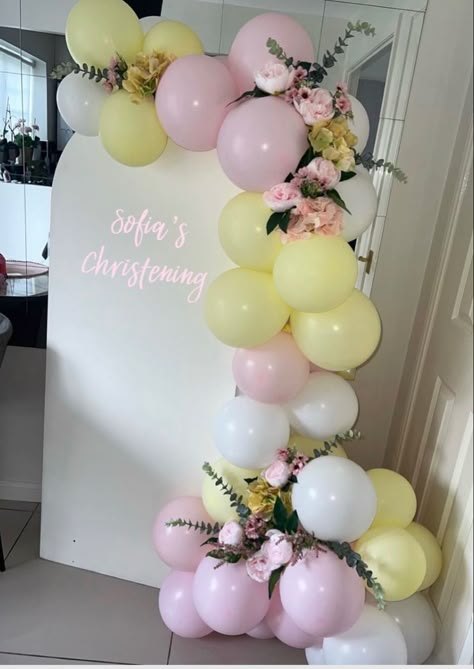 Pink And Yellow Backdrop, Yellow Pink Birthday Decor, Yellow And Pink Birthday Theme, Pink And Yellow Party Decorations, Pink And Yellow Sweet 16, Pink And Yellow Grad Party, Pink And Yellow Baby Shower Ideas, Yellow Grad Party, Pink Christening Cake