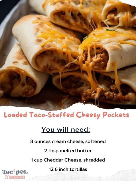 Tasty Soul Food Recipes | Loaded Taco-Stuffed Cheesy Pockets | Facebook Taco Pockets, Soul Food Recipes, Crowd Pleasing Recipes, Grandmas Recipes, Creamy Cheese, Gordon Ramsay, Mexican Dishes, Copycat Recipes, Shredded Cheese