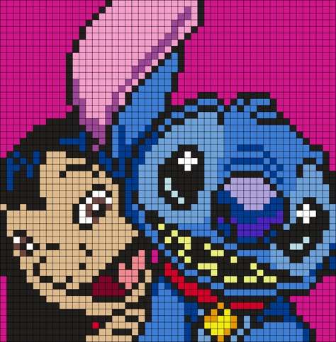 Lilo And Stitch (Square Perler Bead Pattern / Bead Sprite Lilo And Stitch Crochet Blanket, Stitch Perler Bead Pattern, Pixel Art Stitch, Pixel Art Disney, Grille Pixel Art, Pixel Art Minecraft, Modele Pixel Art, Kandi Cuffs, Disney Cross Stitch Patterns