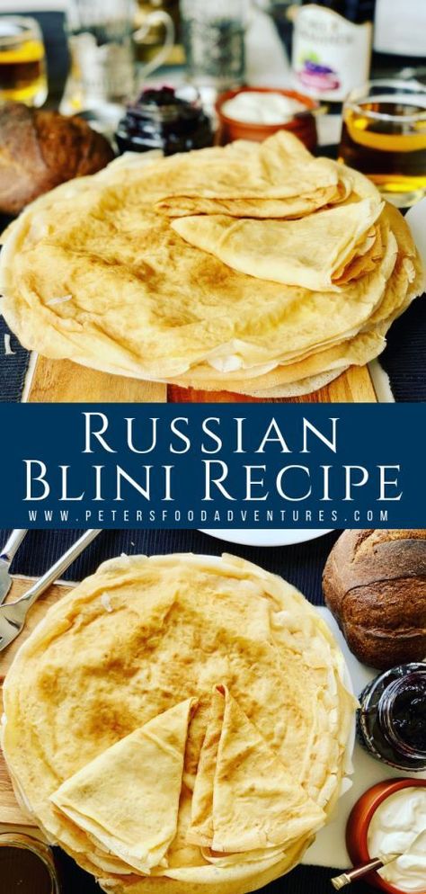 These Russian Pancakes commonly known as Blinchiki, Crepes, Blintzes or Blini are a staple food in Slavic countries. Perfect for breakfast. Easy and delicious Russian Crepes Blini Recipe (Блины) Russian Crepes, Blini Recipe, Russian Pancakes, Slavic Countries, Russian Dishes, Breakfast Easy, Ukrainian Recipes, Crepe Recipes, European Food