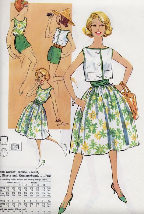 Folklore Clothes, Vintage Clothes Patterns, 60s Patterns, Fashion Illustration Vintage, 1950s Design, Vintage Dress Patterns, Dress Making Patterns, Retro Mode, Summer Set