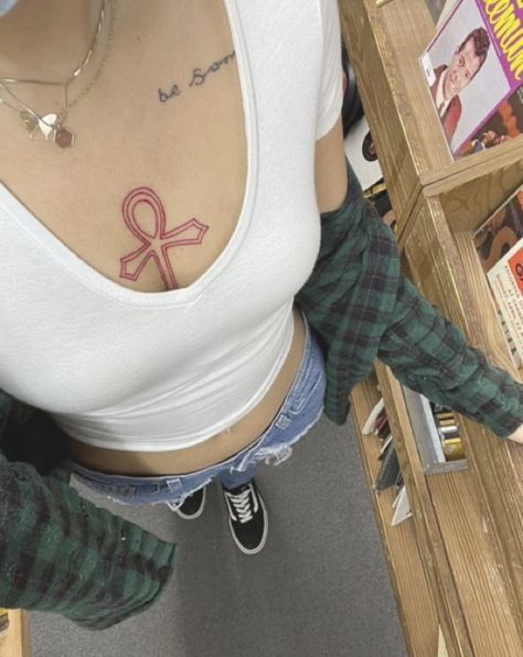 Ankh Chest Tattoo Female, Ankh Sternum Tattoo, Ankh Tattoo Women Chest, Ankh Tattoo Women, Tattoo Baddie, In Between Chest Tattoo Female, Art Tattoo Ideas, Ankh Tattoo, Small Chest Tattoos