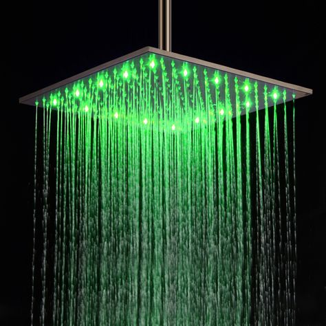 Modern 16 Inch LED Square Stainless Steel Rain Showerhead in Brushed Nickel Rain Shower Head Ceiling, Bathroom Plumbing Fixtures, 2022 Happy New Year, Brass Shower Head, Led Shower Head, Green Led Lights, Waterfall Shower, Luxurious Showers, Led Color Changing Lights