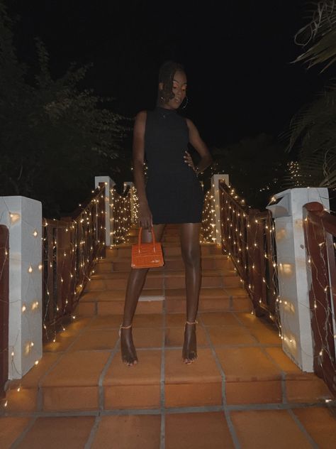 Orange Shoes Outfit, Women Aesthetics, Cabo Outfits, Black Dress With Heels, Purse Outfit, Orange Purse, Multicolor Shoes, Orange Sandals, Dress Date Night