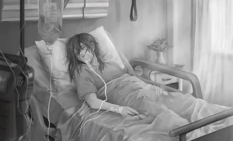 Injury Pose Reference Drawing, Anime Hospital Patient, Hospital Art Anime, Manga Hospital, Hospital Bed Drawing, Injured Pose Reference Drawing, Injured Pose Reference, Anime Hospital, Sick Drawings