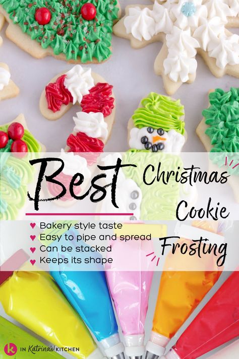 This is hands-down the BEST Christmas Cookie Frosting recipe! I LOVE the cookie recipe too! Christmas Cookie Frosting, Cookie Frosting Recipe, Cookie Icing Recipe, Best Sugar Cookie Recipe, Cookie Bakery, Sugar Cookie Icing, Sugar Cookie Frosting, Best Sugar Cookies, Best Christmas Cookies